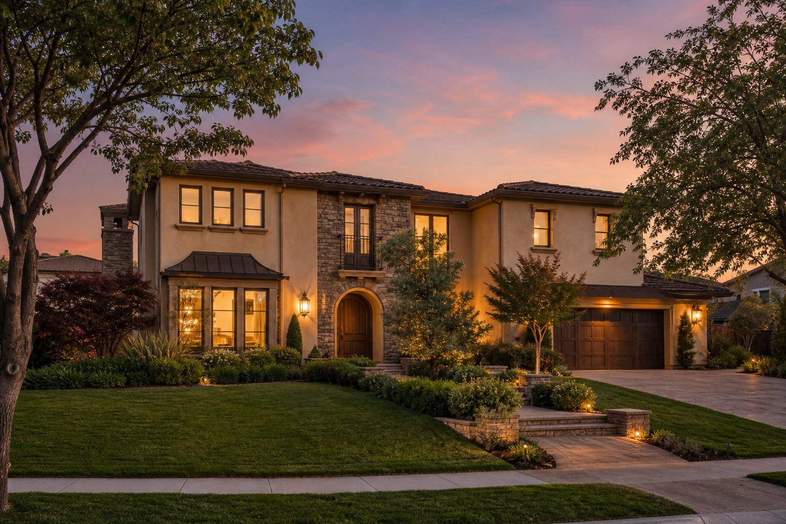 Two-story Tri-Valley, California home at dusk, AI-generated concept imagery